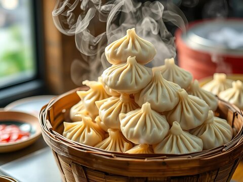 Steaming tender dim sum dumplings stacked high in a worn wooden bamboo basket, filling the air with savory aromas, dim sum, steamed