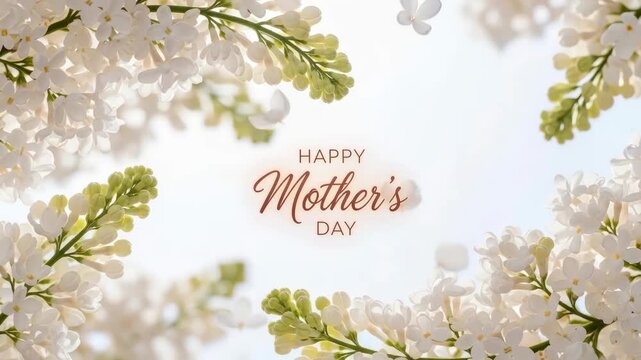 Happy mother's day greeting with white lilac flowers framing elegant script text, soft sunlight and spring floral background