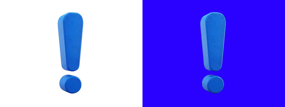 A three dimensional blue exclamation mark with a rounded shape, isolated on a white background, for use in, signage and digital interfaces isolated on a transparent background