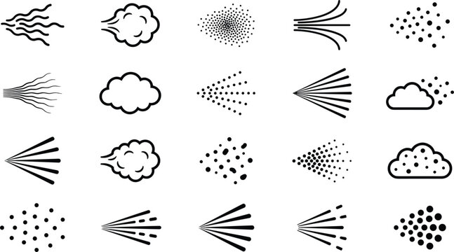 Steam spray water particle icon vector set with smoke clouds dust and mist splash effects for design