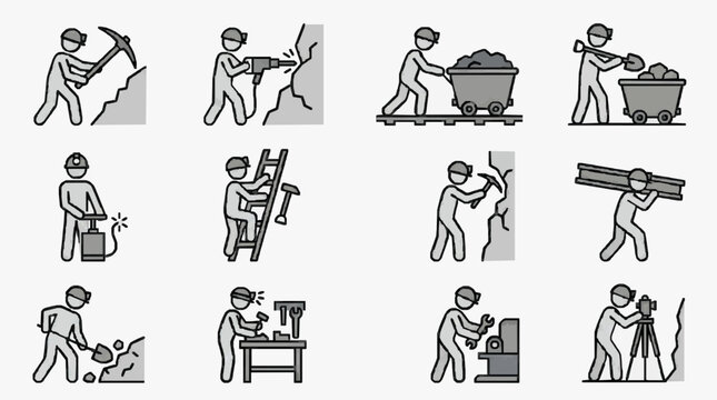 Modern Black and White Line Set of Construction and Mining Worker Safety Tasks and Equipment with high quality professional line art symbols for modern creative design and digital branding projects