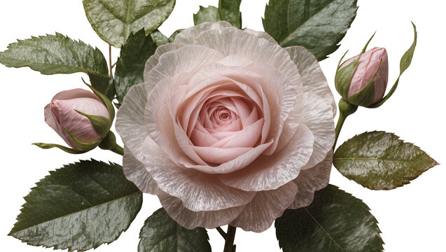 Isolated delicate blush pink rose flower arrangement with buds and fresh green leaves