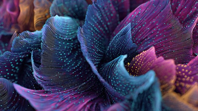 Vibrant abstract fractal flowing structures featuring intricate wavy lines and glowing dotted particle textures with displays macro view composition