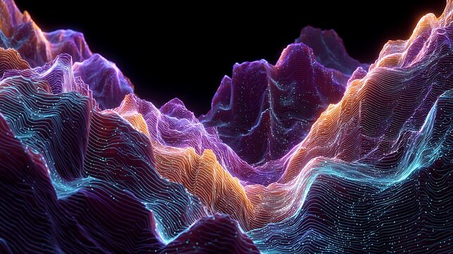 Abstract digital mountain landscape featuring intricate glowing neon contour lines and particle data flow structures with glowing mountainous topography