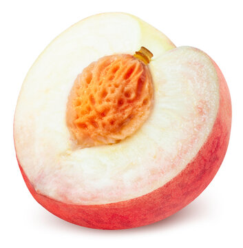 Sweet white peach isolated on a white background, with clipping path, gourmet beverage branding, and premium food packaging design.