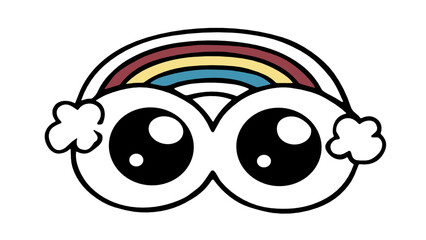Naklejka premium Cheerful cartoon eyes glasses decorated with a colorful rainbow and fluffy clouds, symbolizing happiness, positivity and dreamy weather vector illustration.