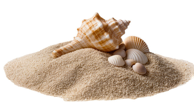 Isolated pile of fine beach sand with beautiful colorful seashells from the ocean shore