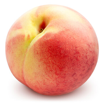 Sweet white peach isolated on a white background, with clipping path, gourmet beverage branding, and premium food packaging design.