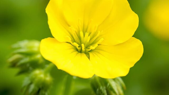 Close-up of a vibrant yellow buttercup flower blooming in a lush green meadow, macro photography