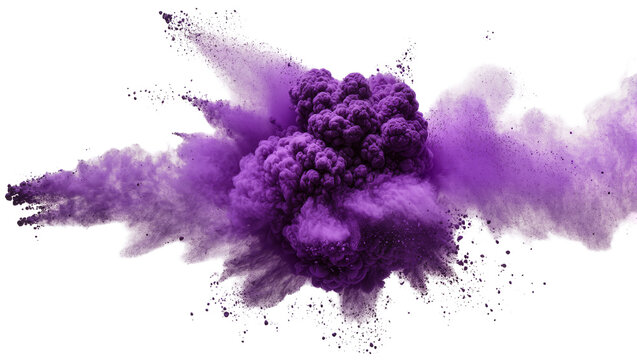 Isolated vibrant purple powder explosion bursting with dynamic energy and scattered dust particles.