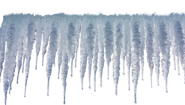 Isolated natural ice formations hanging down, abstract row of shimmering winter icicles