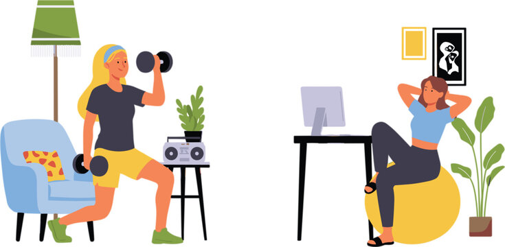 Home fitness workout and remote office lifestyle, flat vector illustration showing exercise productivity and healthy daily routine