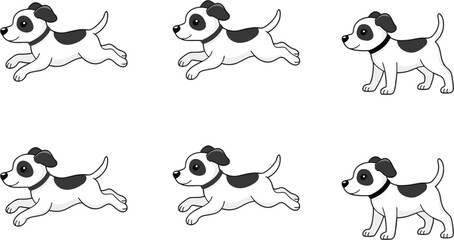 Obraz premium Cute cartoon puppy activity poses, playful dog vector illustration featuring running standing and jumping pet character collection