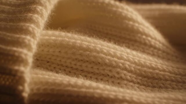 Close-up Macro Shot of Soft Knitted Beige Wool Fabric Texture. Detailed View of Cozy Ribbed Stitch Pattern Ideal for Winter and Fashion Backgrounds.