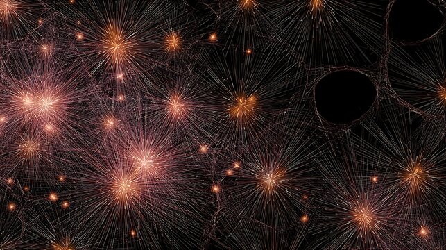 Abstract geometric golden light bursts radiating across dark cosmic background with golden starbursts interconnected interconnected fine radiant