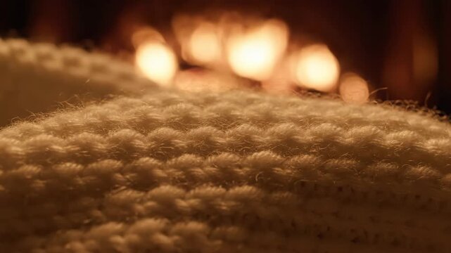 Cozy macro shot of white knitted wool textile texture illuminated by warm firelight bokeh, emphasizing comfort, warmth, and relaxation during a winter evening.