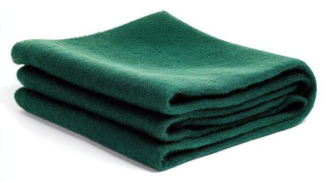 A neatly folded stack of three dark-green, thick, soft blankets, possibly wool or fleece, shown against a plain white background.  The fabric appears warm and cozy