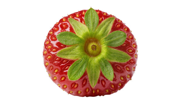 Isolated perfect fresh ripe red strawberry with green calyx leaves captured from above