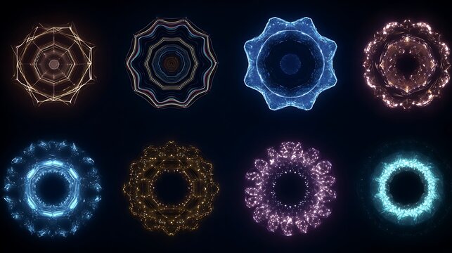 Set of eight glowing circular geometric mandalas featuring abstract digital light particle patterns on black with displays collection eight deep black background