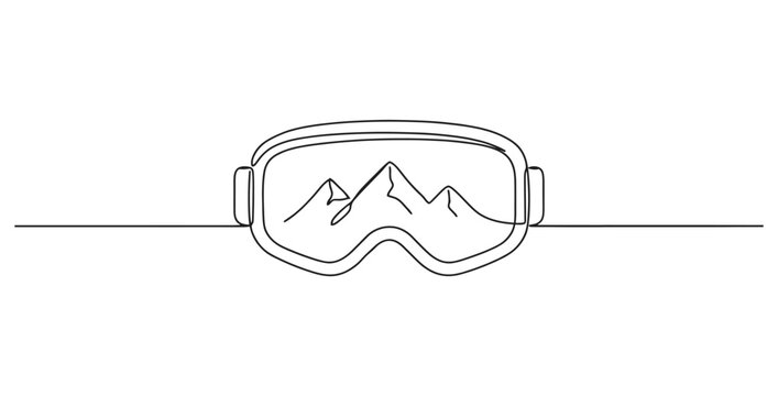 Continuous line art of snow goggles with mountain reflection mountains reflection