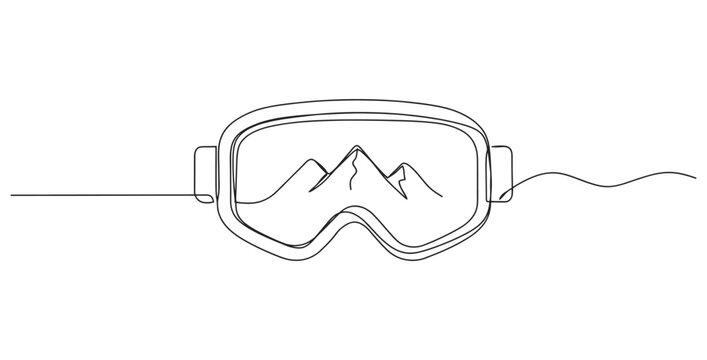 Continuous line illustration of mountain ski goggles with mountains reflection adventure
