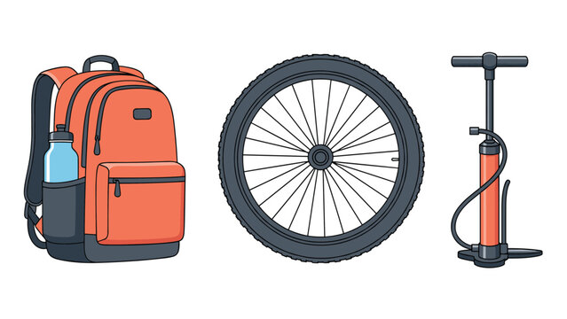 Bicycle accessories and outdoor cycling equipment including red backpack with bottle, bike wheel, and hand pump.