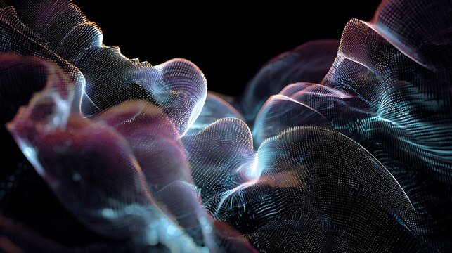 Abstract digital waves formed by glowing particles creating dynamic flowing structures against dark background with particles arranged undulating