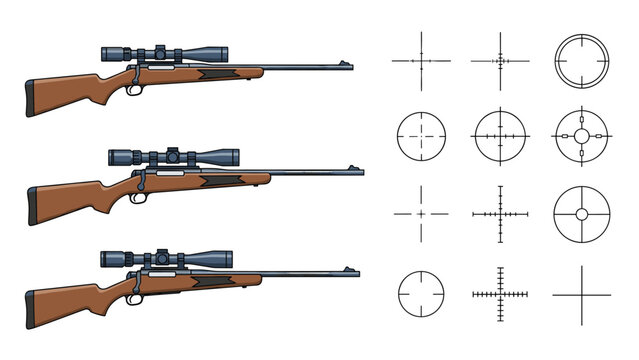Sniper rifles with scope and various types of weapon crosshair reticles for targeting and optical gun scopes.