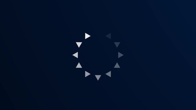 Loading animation, circular progress bar, grey triangles on dark blue background.