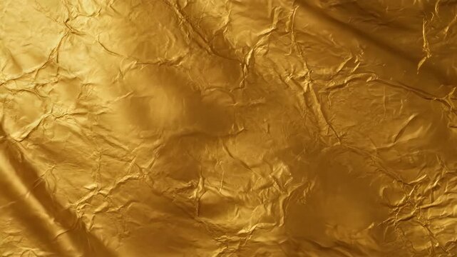 Luxurious crumpled gold foil texture background. Abstract seamless metallic surface pattern with wrinkled creases and shiny reflections, perfect for design overlays or festive backdrops.