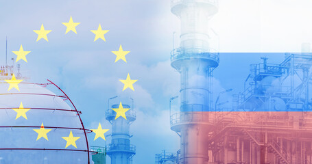 The Russia–EU gas dispute and European dependence on Russian energy concept. LNG or liquefied natural gas storage tank. EU liquefied natural gas imports from Russia for winter. Geopolitical weapon. © Fahroni