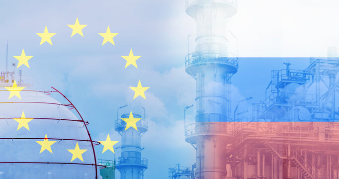 The Russia&ndash;EU gas dispute and European dependence on Russian energy concept. LNG or liquefied natural gas storage tank. EU liquefied natural gas imports from Russia for winter. Geopolitical weapon.
