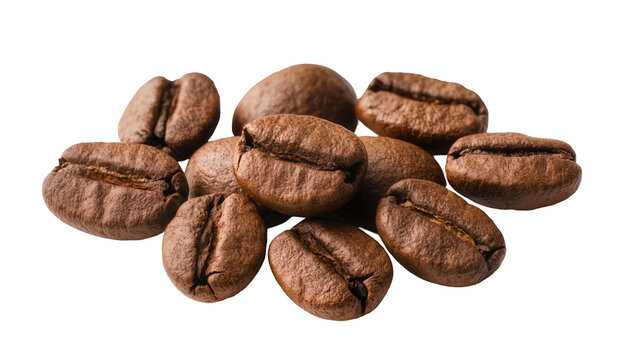 Isolated aromatic dark roasted coffee beans pile, delicious fresh caffeine source for morning drink.