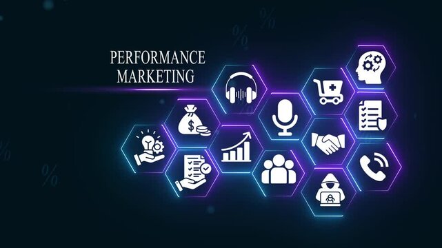 Performance marketing concept with glowing neon hexagon for digital strategy and business growth technology