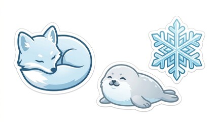 Fototapeta premium Cute winter sticker set with arctic fox seal pup and snowflake