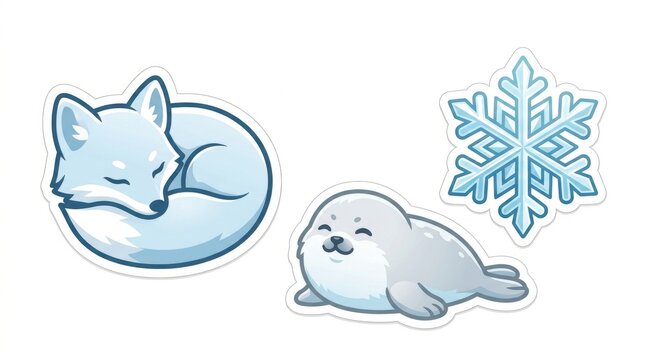 Cute winter sticker set with arctic fox seal pup and snowflake