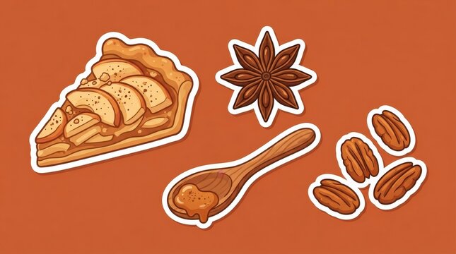 Autumn themed food sticker set with apple pie star anise and pecans