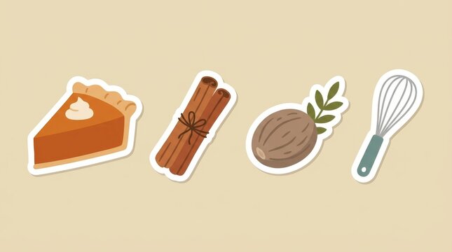 Pumpkin Pie and Autumn Baking Ingredients Illustration Sticker Set