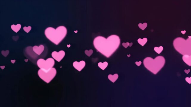 Romantic pink heart shape bokeh particles floating and shimmering against a dark, elegant gradient background, perfect for Valentine's Day, weddings, or love concepts.