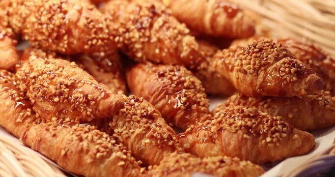 Chocolate Croissants and Rolled Pastries with Jam Filling, Bakery bread Baked goods in a tray, Pastry delicious, Baked goods, Fresh food, retail shopping, bakery business