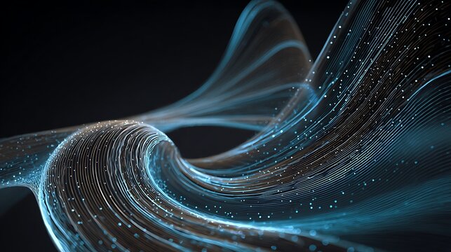 Abstract glowing blue light trails flowing through dark space with displays dynamic flow lines curving through light particles thin fiber optic lines