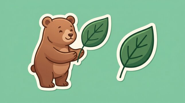 Cute cartoon bear holding a green leaf sticker illustration