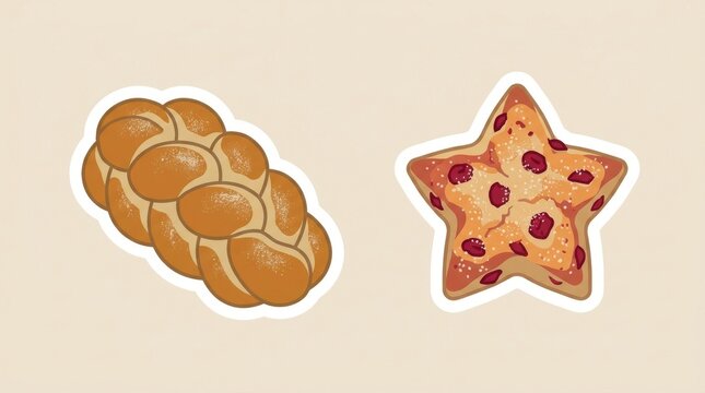 Braided challah bread and star shaped berry pastry sticker set