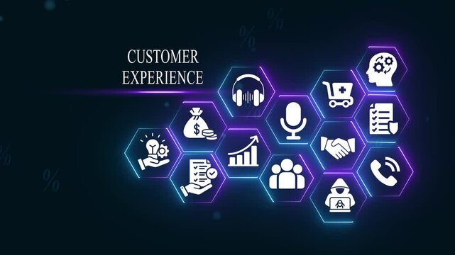 Customer experience concept with neon hexagon for business growth, digital marketing, and client support strategy