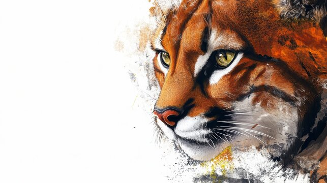 Close-up portrait of a bobcat with artistic paint splatter effect, showcasing its intense gaze and detailed fur texture against a white background.