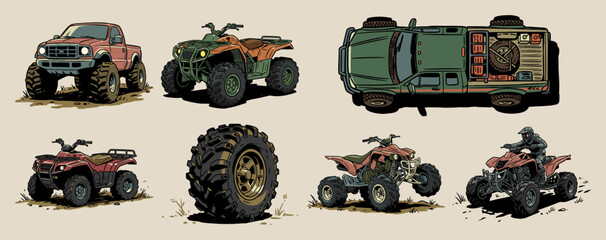 Off road vehicle set with quad bike and monster truck for adventure and automotive graphics © Heyuu Art