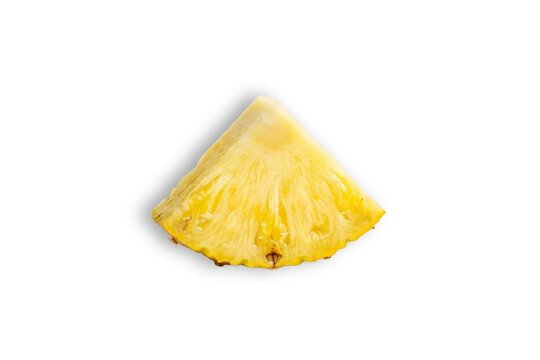 Juicy pineapple triangle chunk slice isolated on white background. Ideal for summer cocktail recipes, tropical fruit salad branding, healthy snack ads, and food packaging graphics.