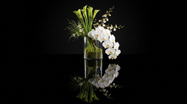 Elegant white orchid and green calla lily arrangement in glass vase with reflection on black background