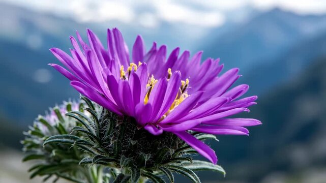 Close-up of a vibrant purple aster flower blooming in a mountain landscape