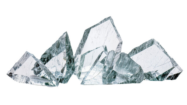Isolated sharp pieces of broken glass showing dangerous edges and transparent texture